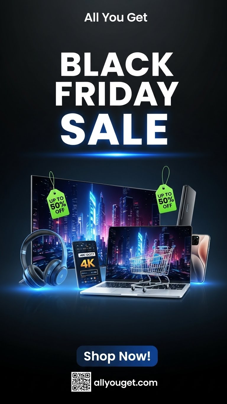 Black Friday sale advertisement with laptop, headphones, and other electronics on a dark background.
