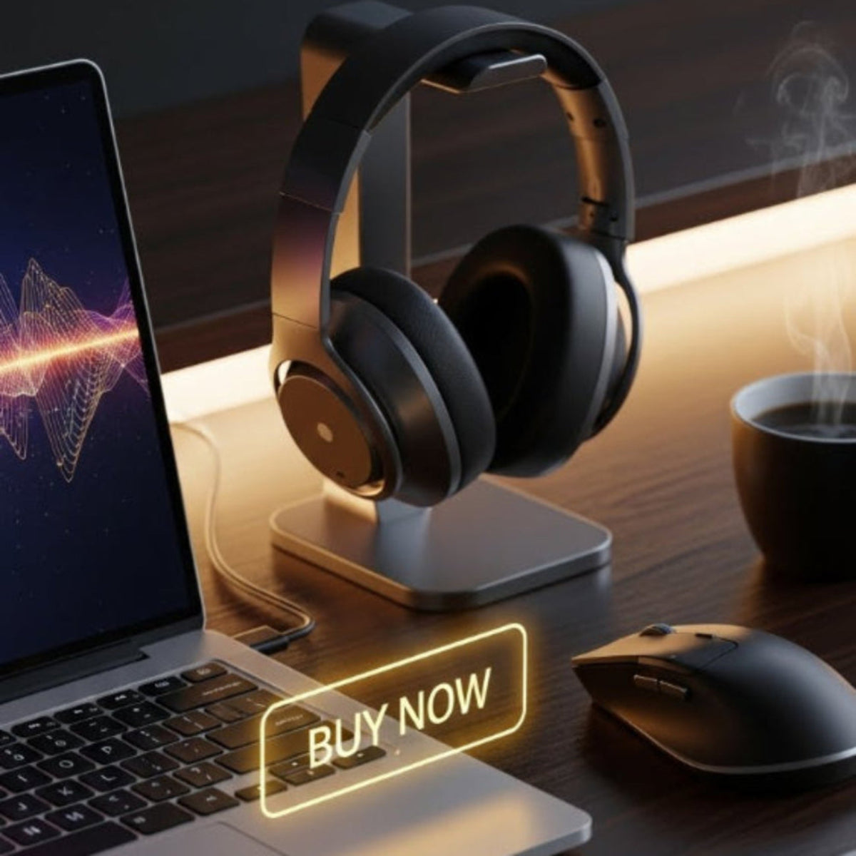 Headphones on a stand with a laptop, keyboard, mouse, and coffee cup on a desk, featuring a 'BUY NOW' sign.